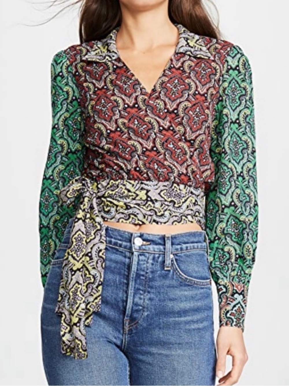 Alice + Olivia Paisley Wrap Blouse in Green & Rust